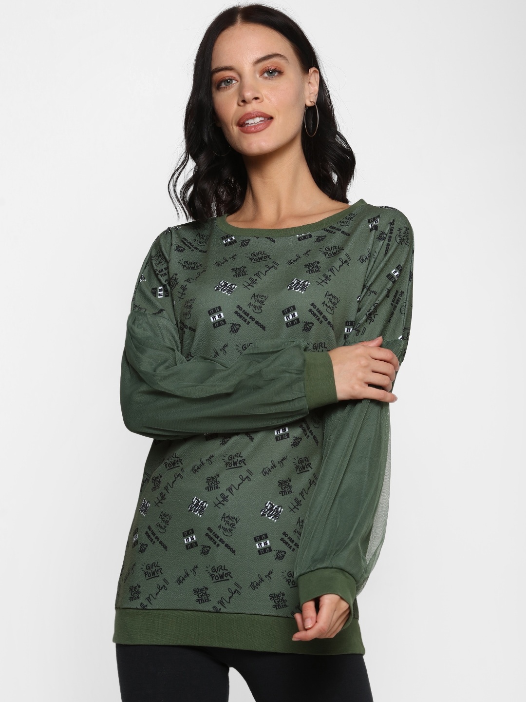 

FOREVER 21 Women Olive Green Printed Pullover Sweater