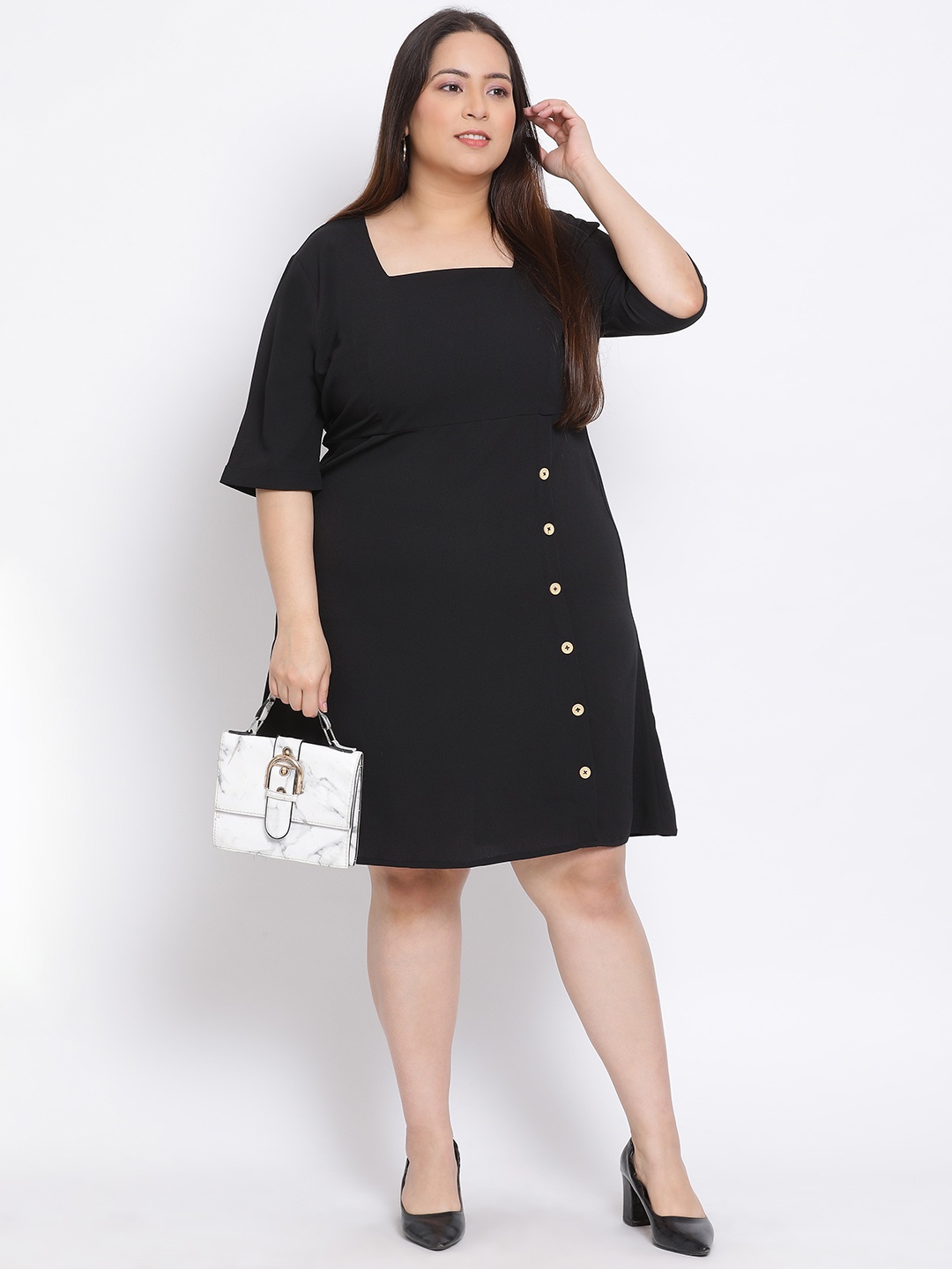 Oxolloxo Women Plus Size Black Solid A-Line Dress