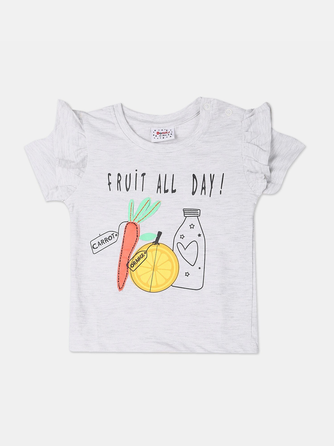 

Donuts Girls Grey Melange Pure Cotton Printed Round Neck Pure Cotton T-shirt