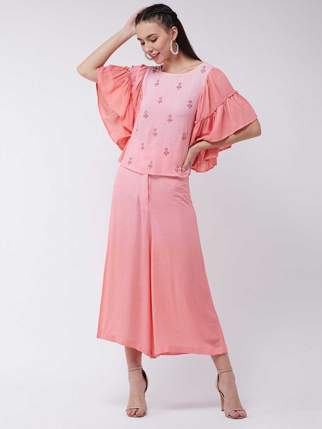 

Pannkh Women Coral Pink Embroidered Top with Palazzos
