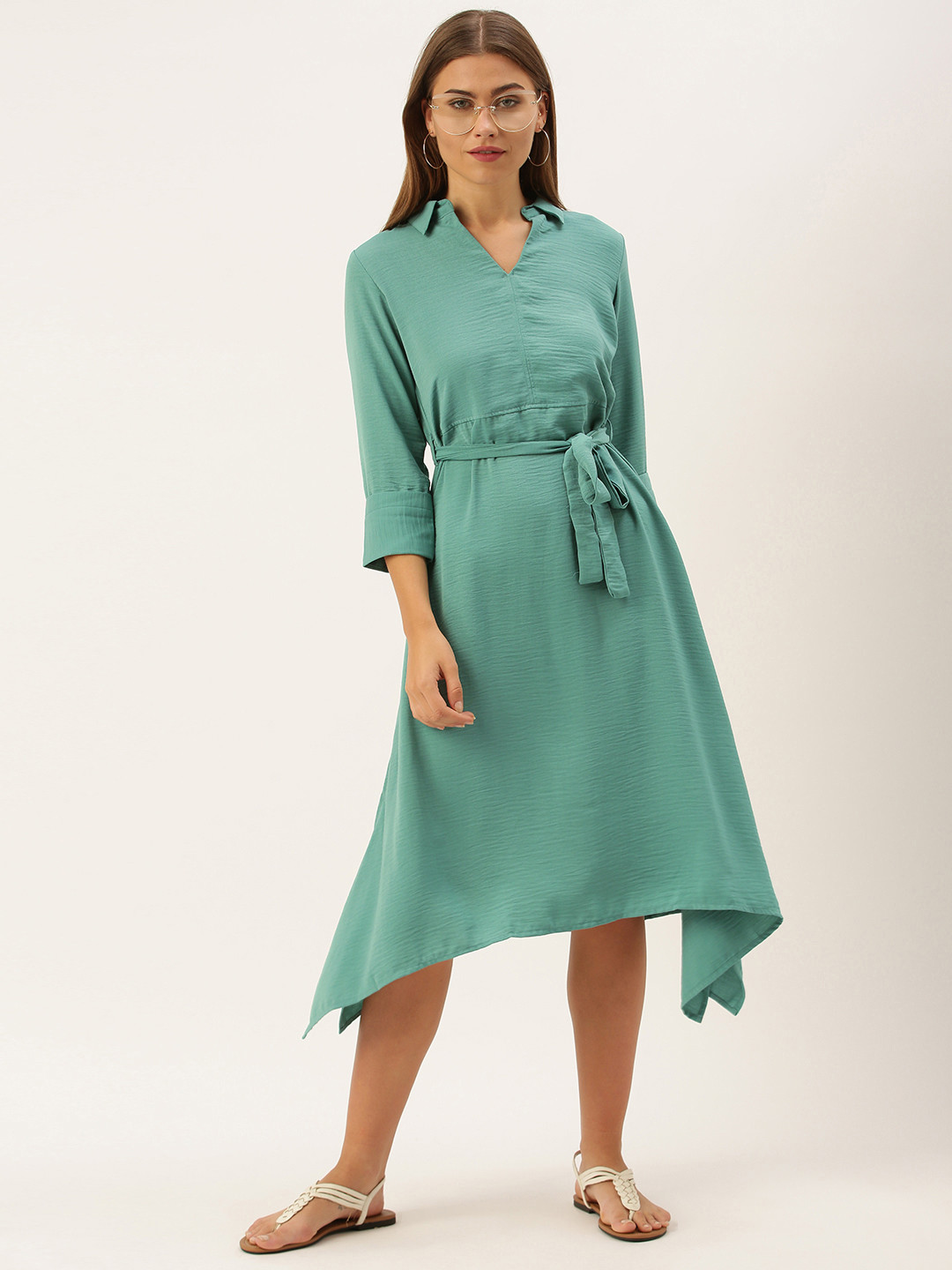 

AND Women Green Solid Asymmetric A-Line Dress