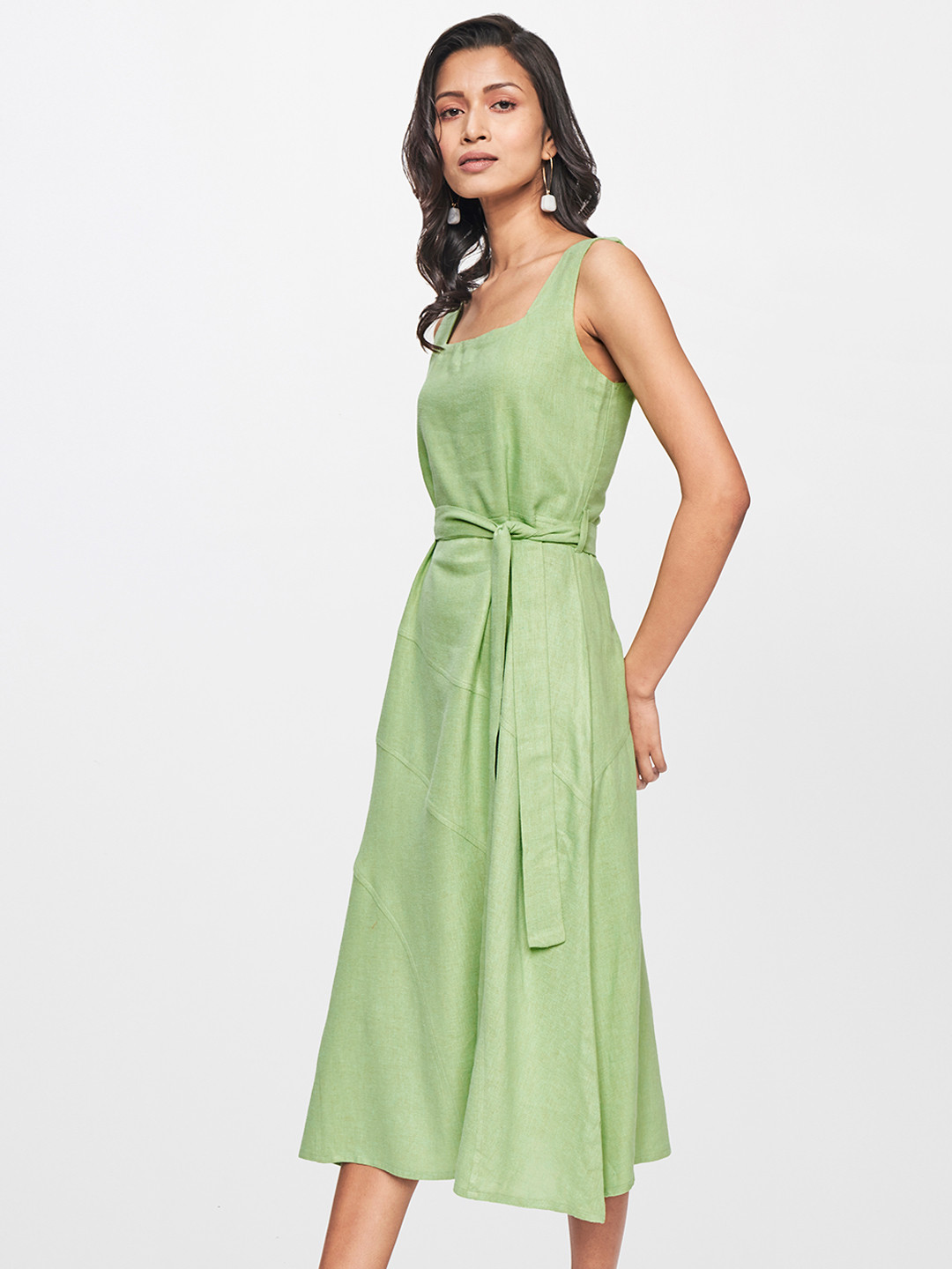 

AND Women Green Solid A-Line Midi Dress