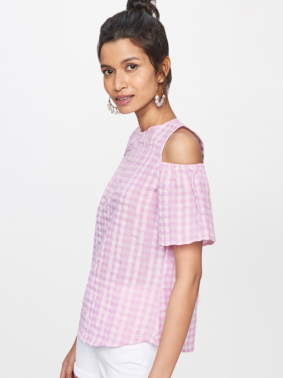 

AND Women Pink & White Striped Blouson Cold ShoulderTop