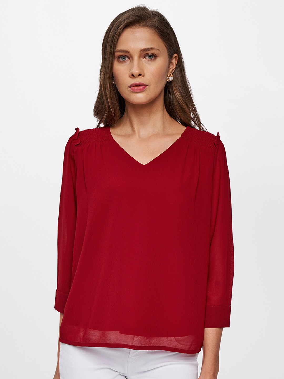 

AND Women Red Solid V Neck Top