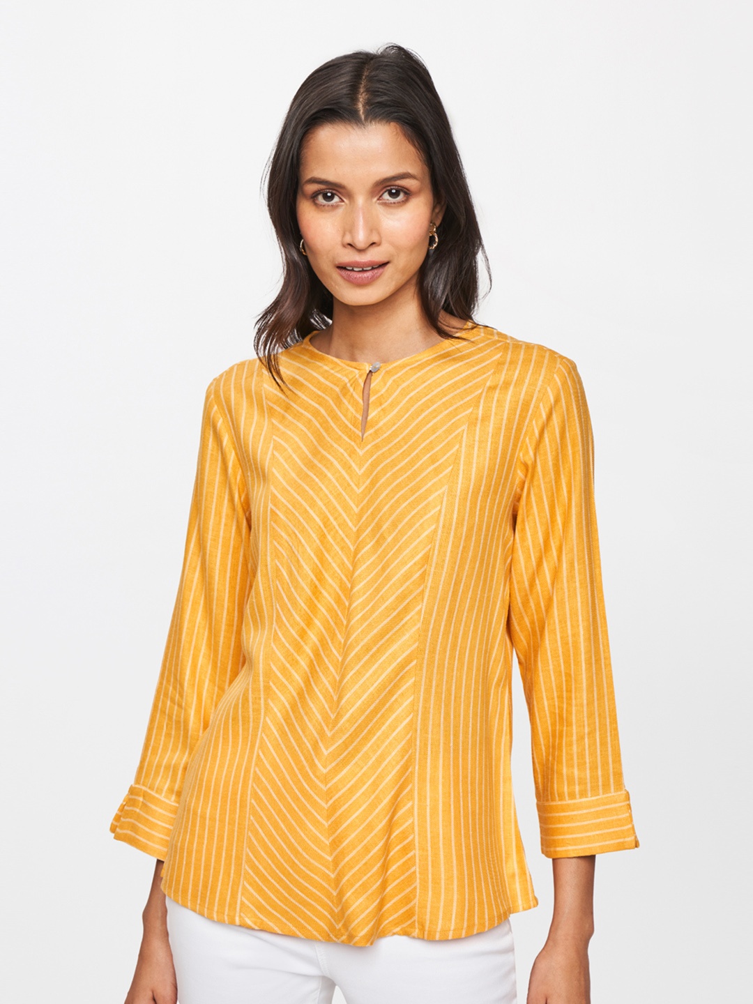 

AND Women Yellow & White Striped Keyhole Neck Top