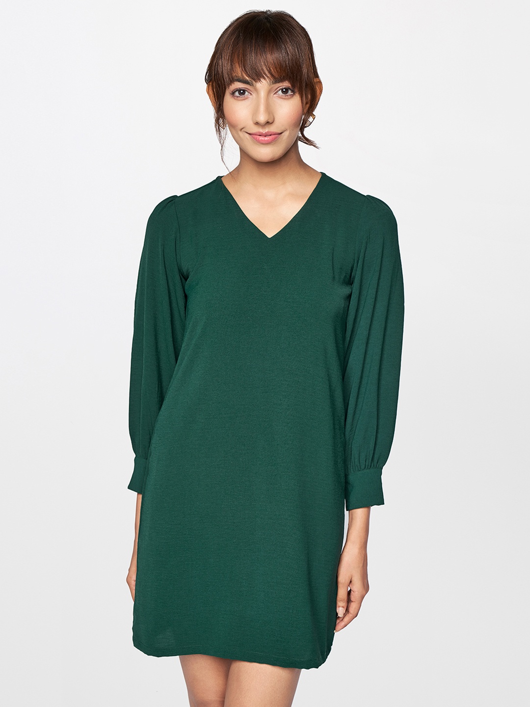 

AND Women Dark Green Solid V-Neck Casual T-shirt Dress