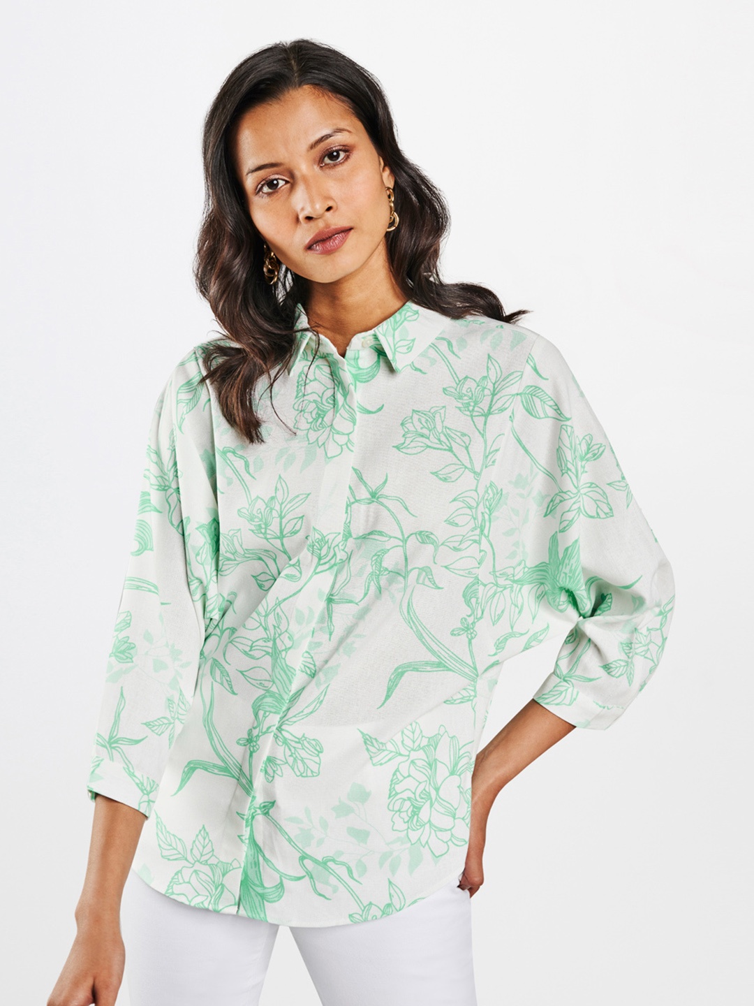 

AND Women Green Floral Printed Casual Shirt
