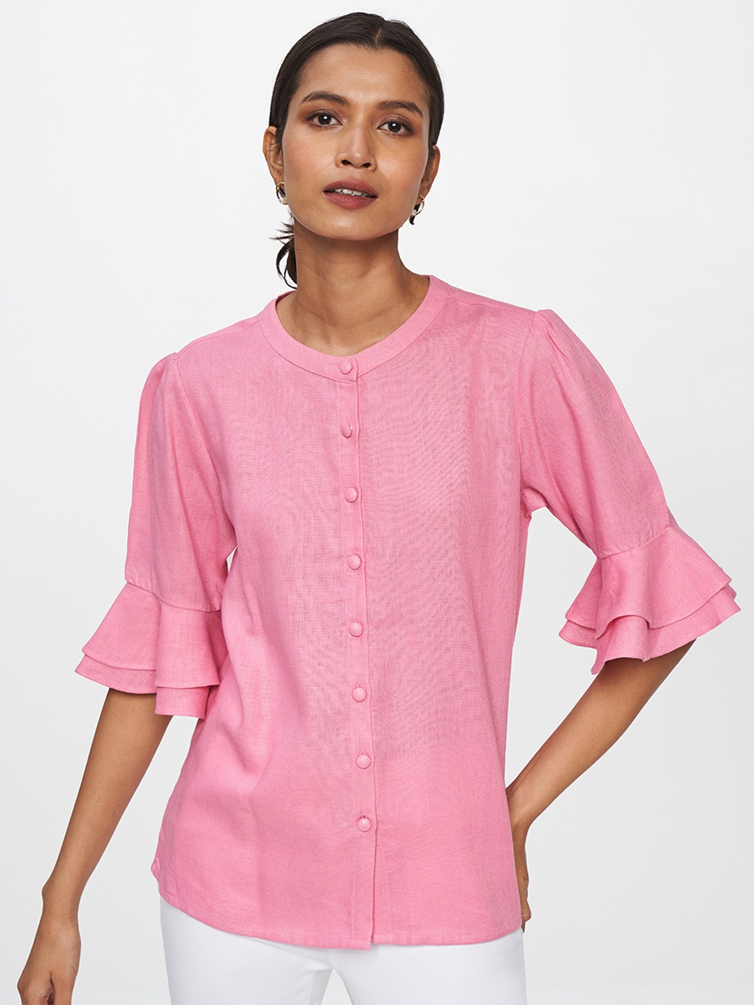 

AND Women Rose Solid Mandarin Collar Bell Sleeves Top