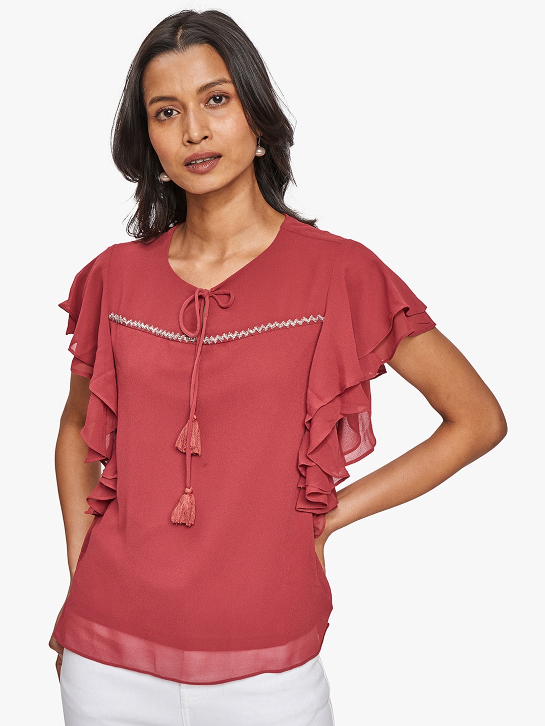 

AND Women Burgundy Tie-Up Neck Top