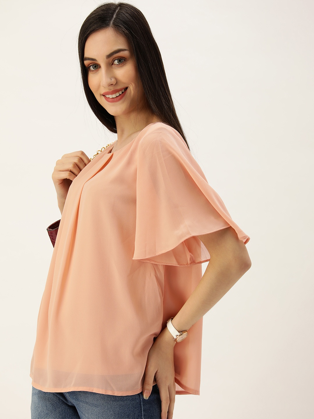 

AND Women Peach-Coloured Solid Flared Sleeves Blouson Top