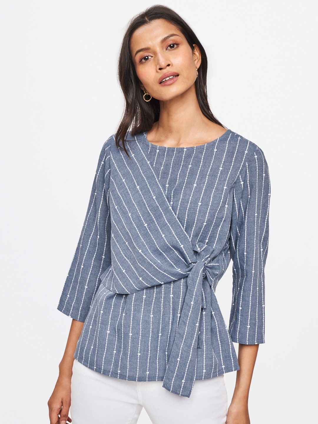 

AND Women Grey & White Striped Kaftan Top