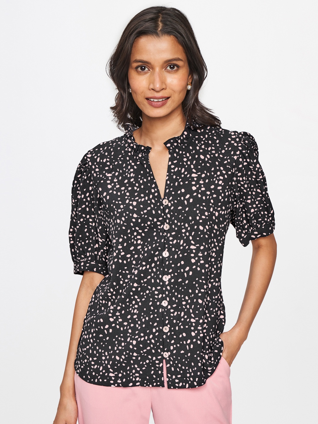 

AND Women Black & Pink Printed V Neck Puff Sleeves Shirt Style Top