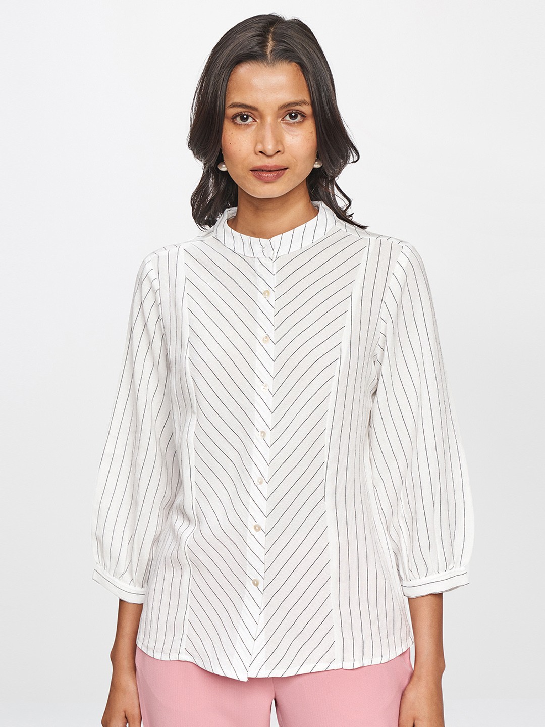 

AND Women White & Black Striped Mandarin Collar Shirt Style Top
