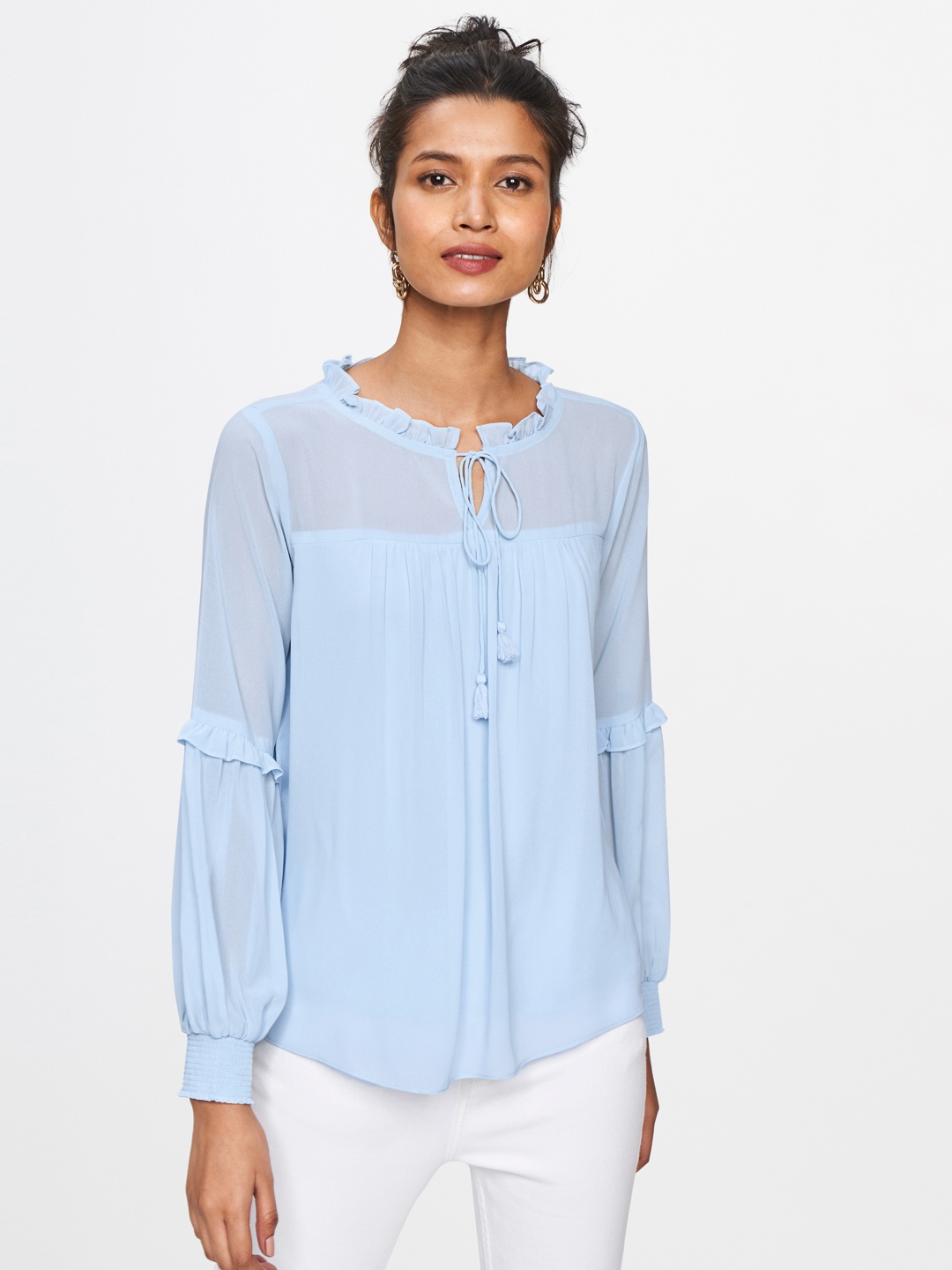 

AND Women Blue Solid Tie- Up Neck Gathered Top