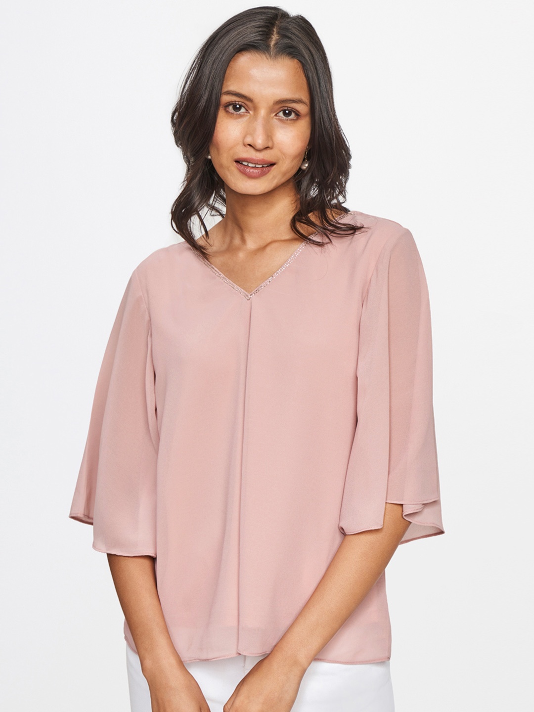 

AND Mauve Solid Flared Sleeve Top