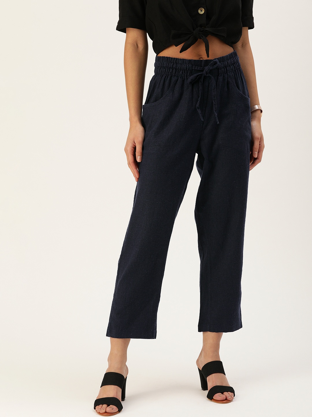

AND Women Navy Blue Solid Tapered Fit Casual Trousers