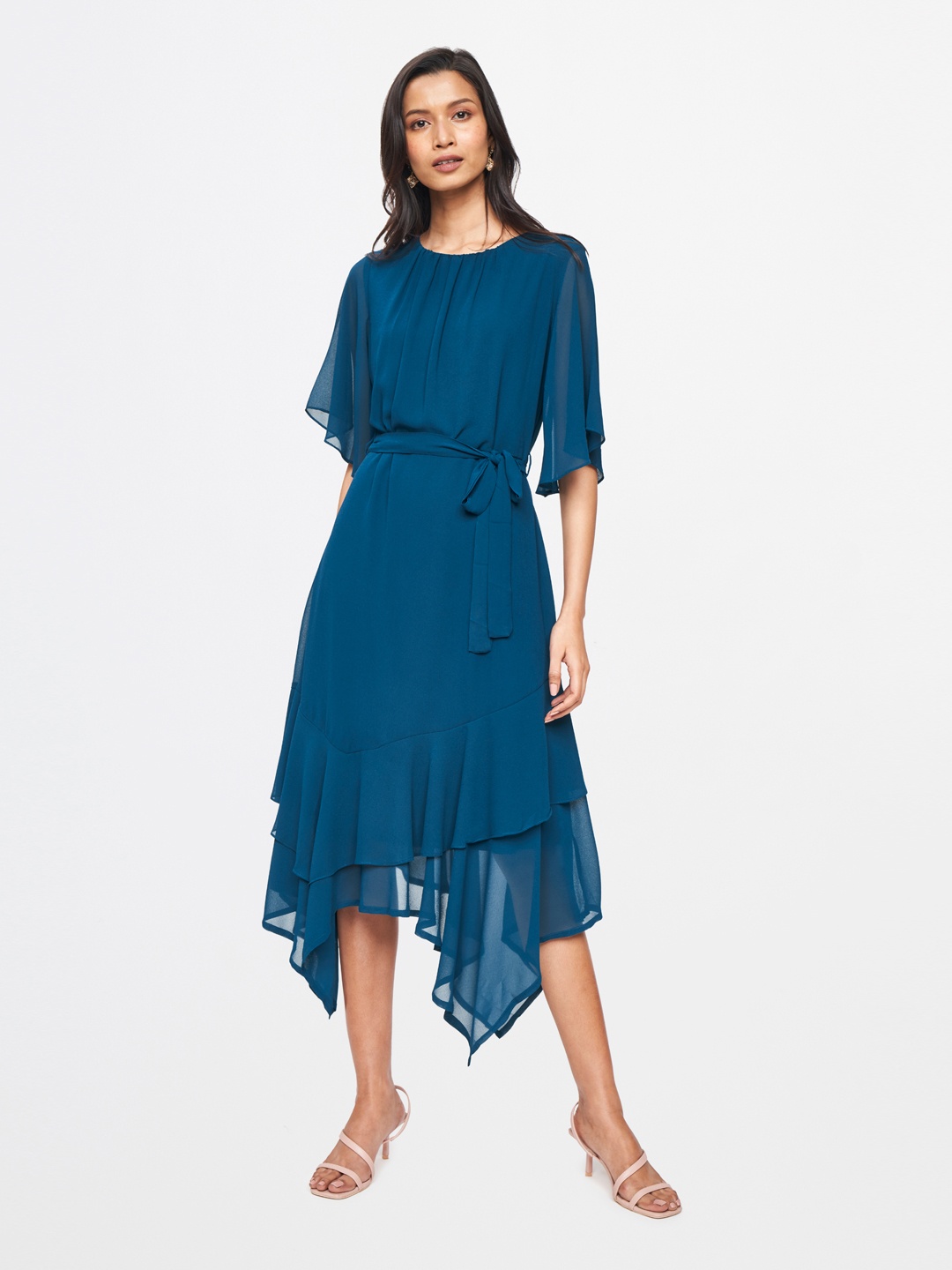

AND Teal Blue Solid Fit & Flare Dress With Tie-Ups