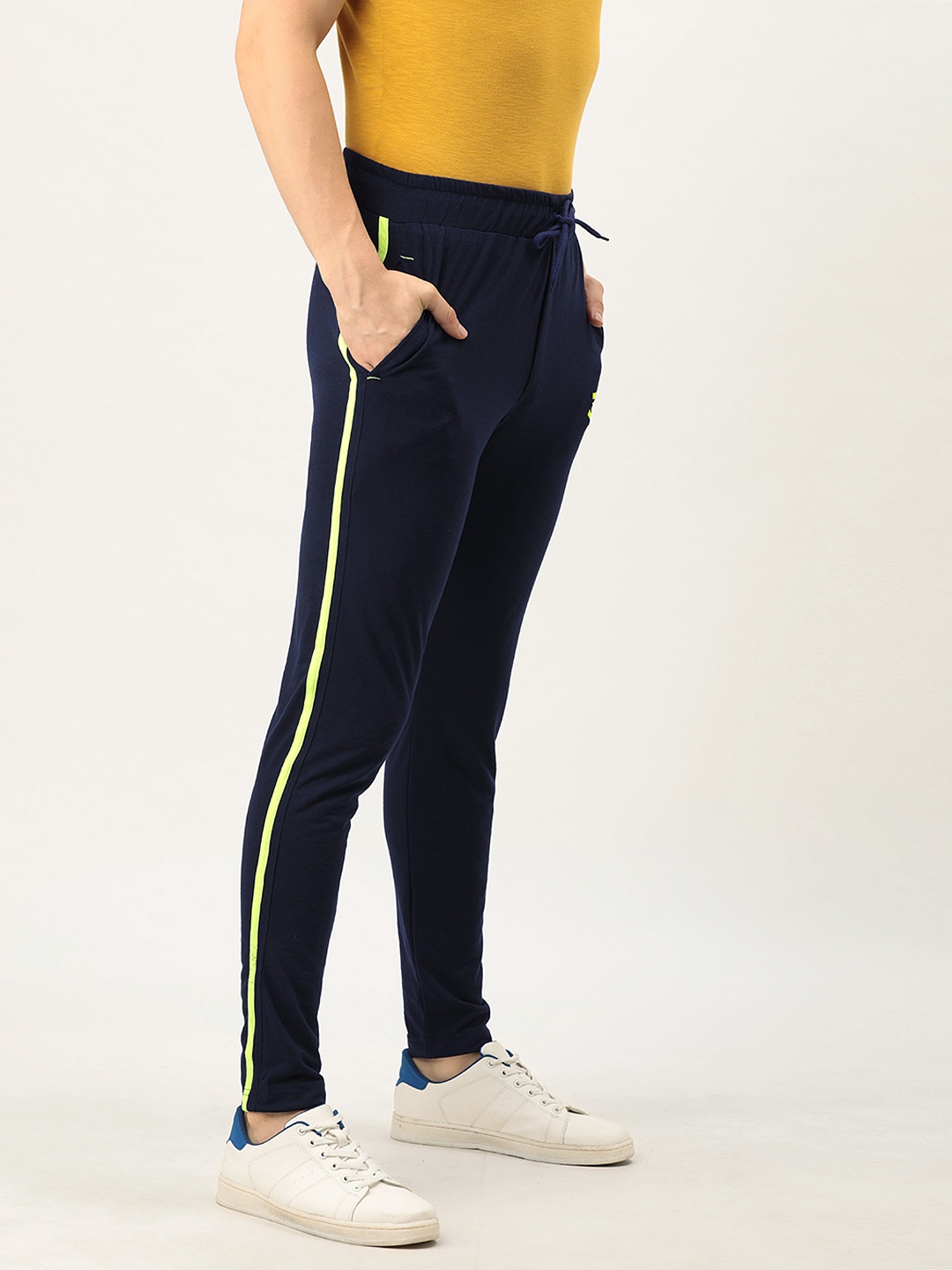 

Sports52 wear Men Navy Blue Solid Slim Fit Side Striped Track Pants