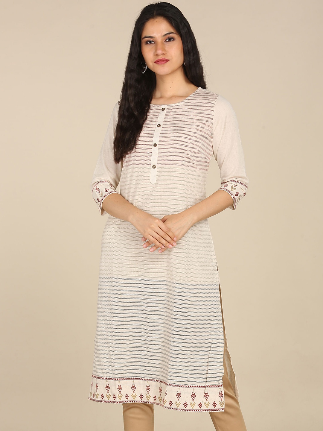 

Karigari Women Beige & Black Striped Cotton Kurta