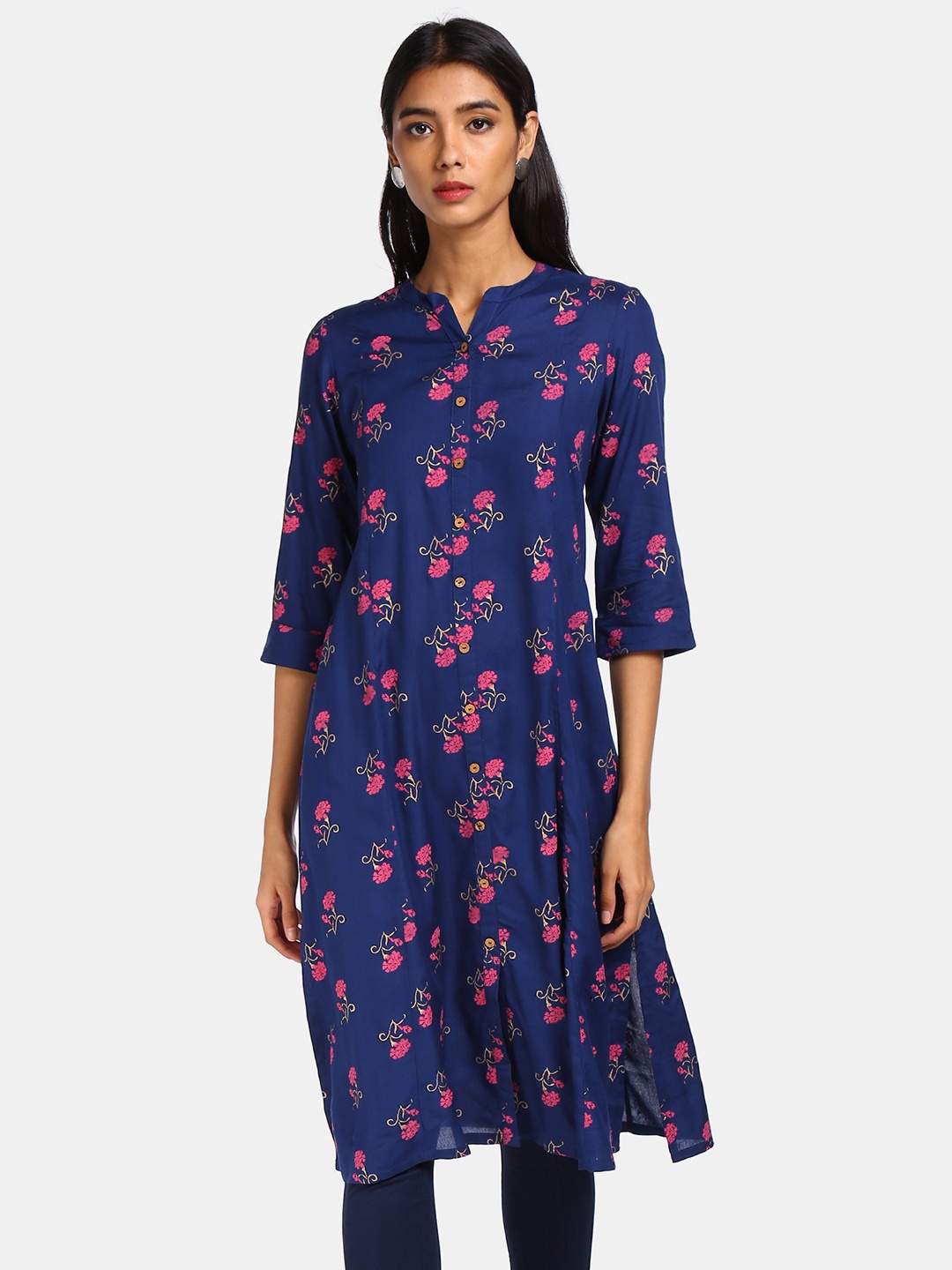 

Karigari Women Dark Blue Notch Mandarin Neck Printed Kurta