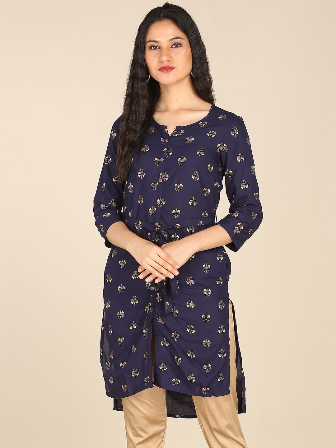 

Karigari Women Navy Blue Printed Kurta