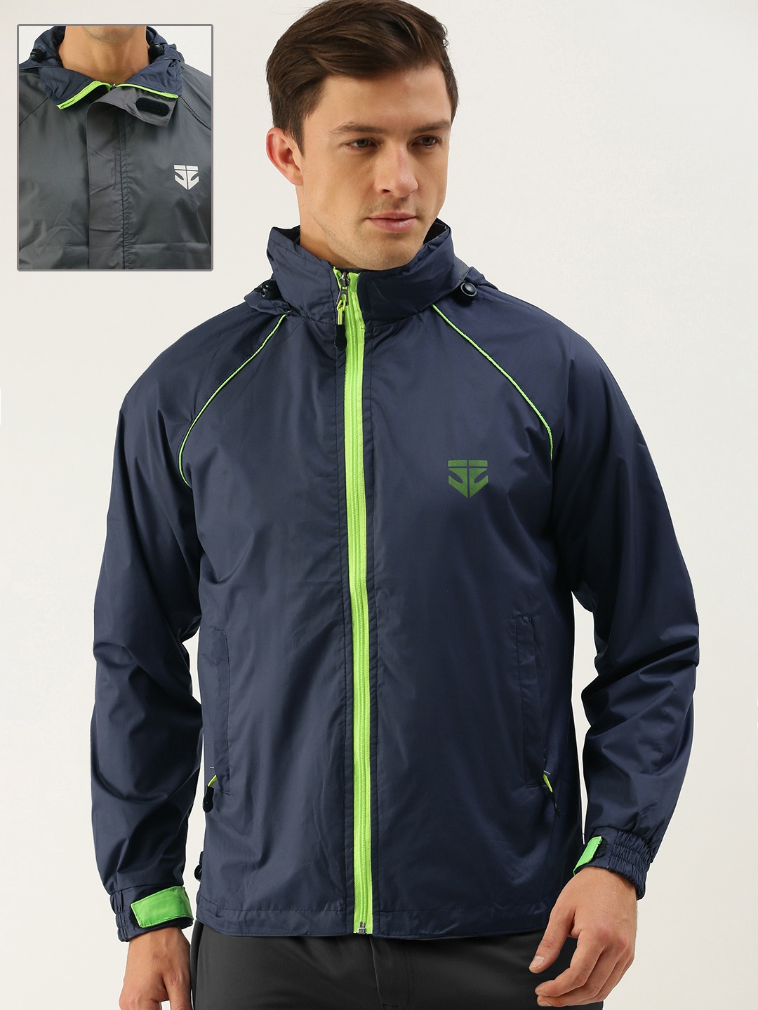 

Sports52 wear Men Navy Blue Solid Hooded Reversible Rain Jacket