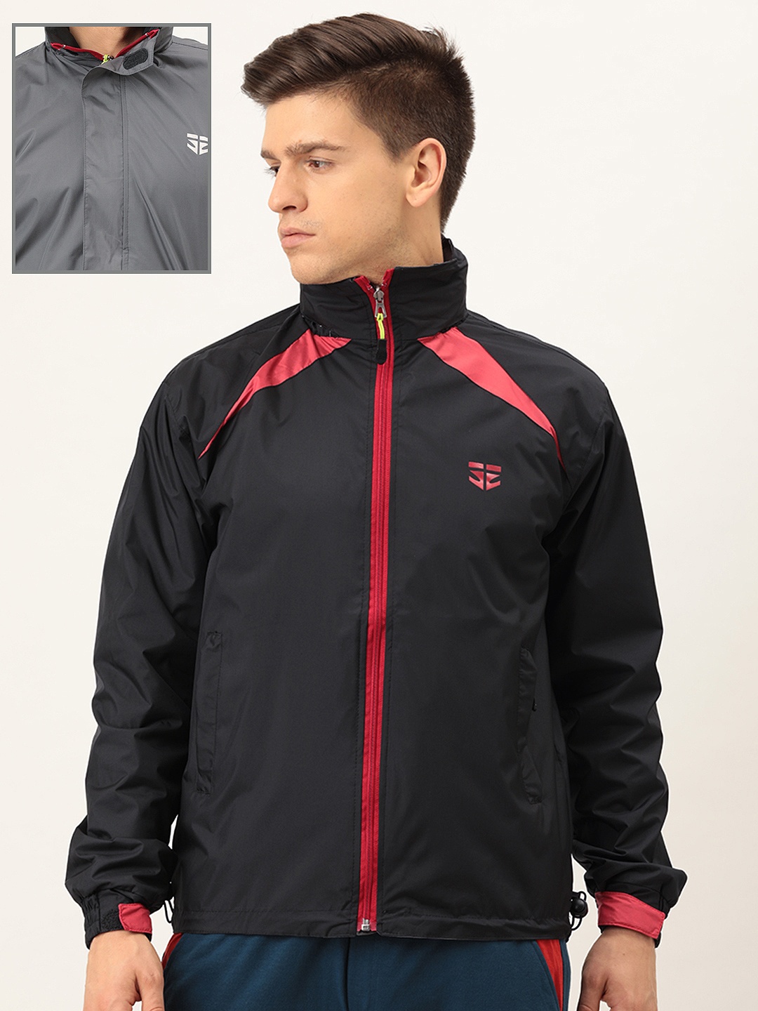 

Sports52 wear Men Black & Grey Reversible Solid Hooded Rain Jacket