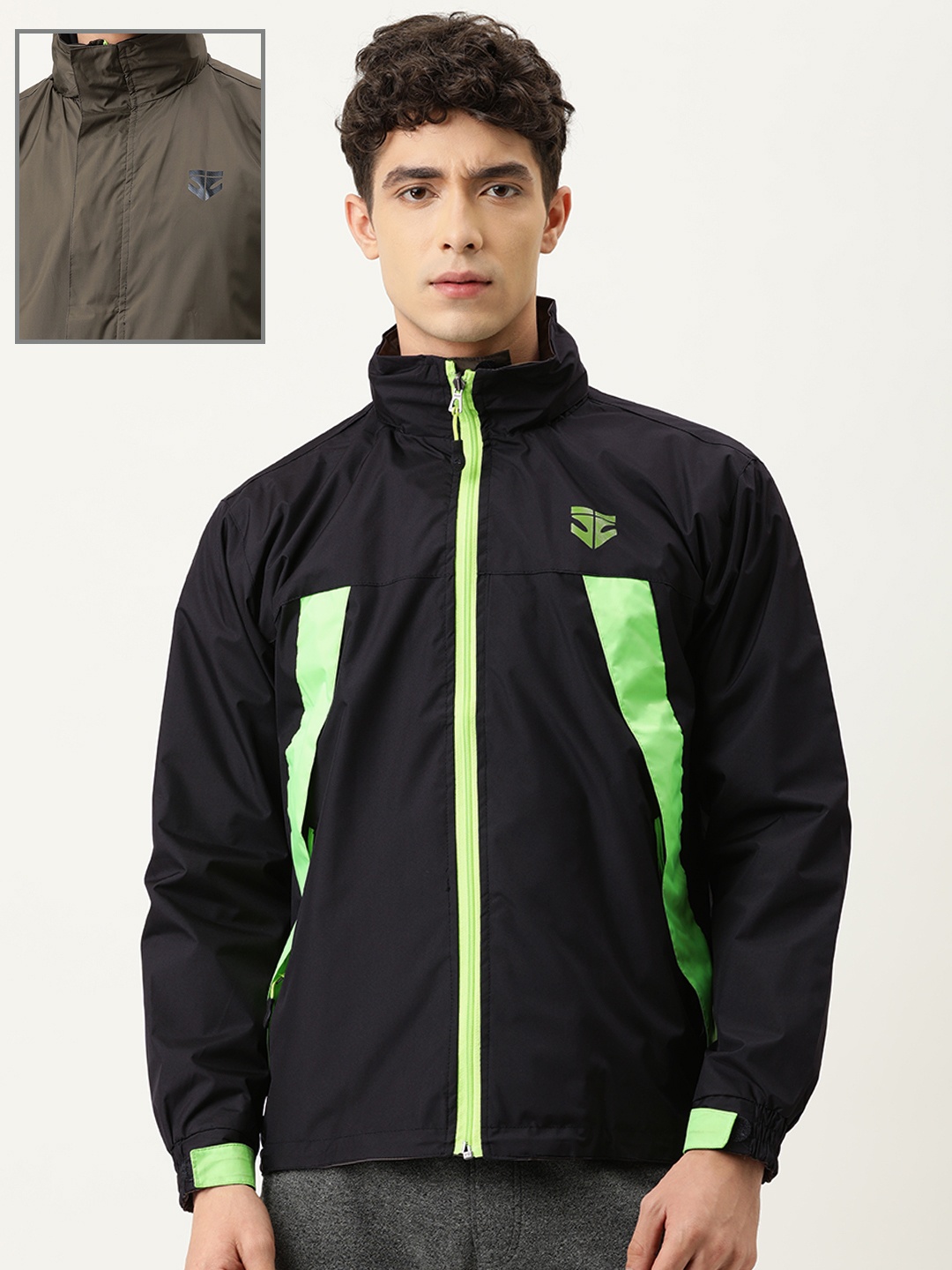 

Sports52 wear Men Black & Olive Green Solid Reversible Rain Jacket