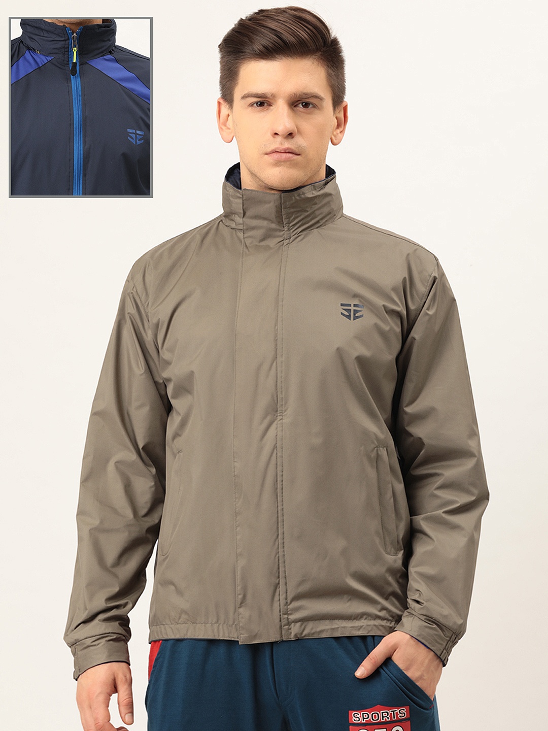 

Sports52 wear Men Navy Blue & Khaki Reversible Solid Hooded Rain Jacket