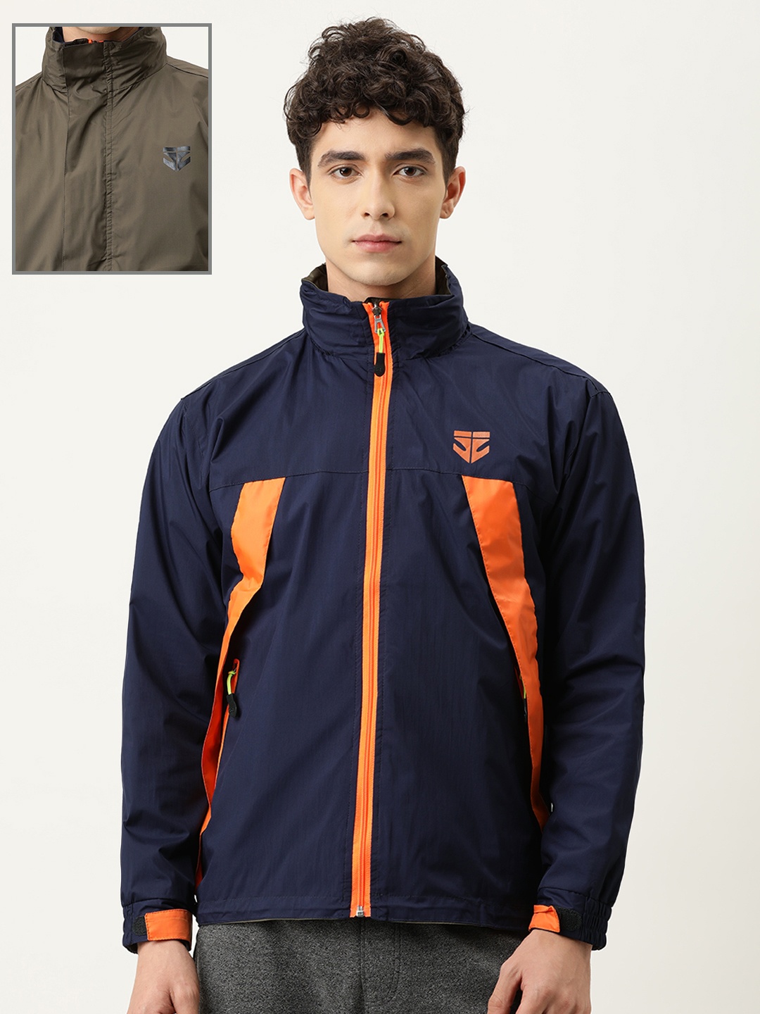 

Sports52 wear Men Navy Blue & Olive Green Solid Reversible Rain Jacket