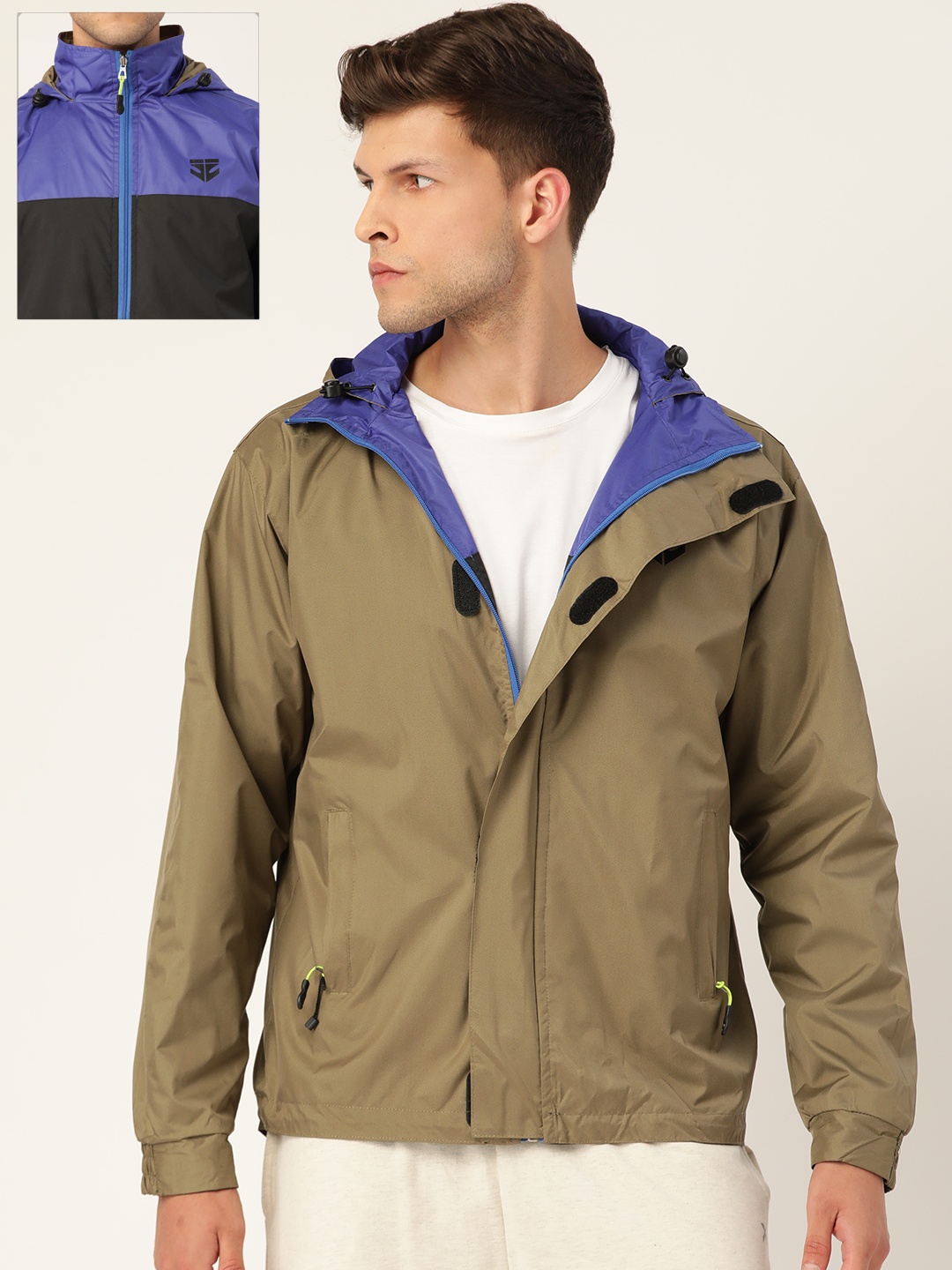 

Sports52 wear Men Olive Green & Blue Reversible Solid Hooded Rain Jacket