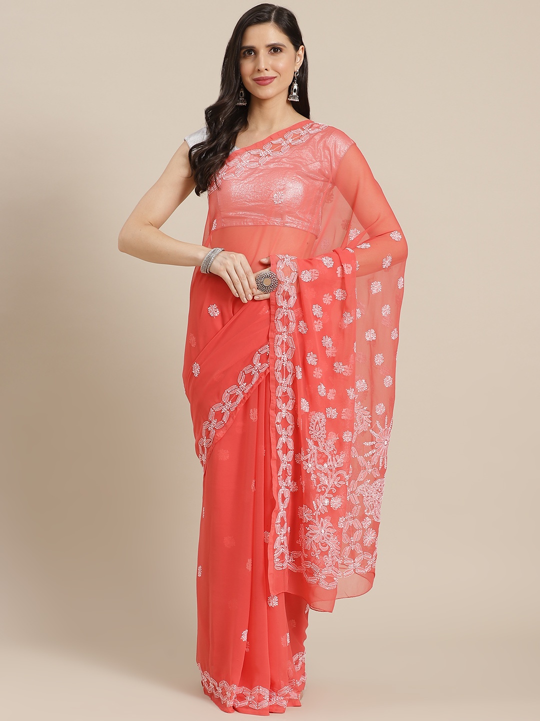 

ADA Coral Pink & White Ethnic Motifs Chikankari Embroidered Handloom Saree