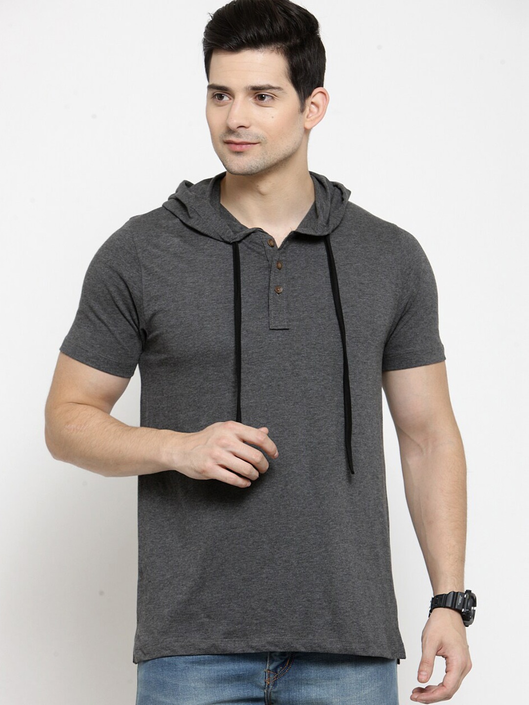 

Kalt Men Charcoal Grey Solid Hood T-shirt