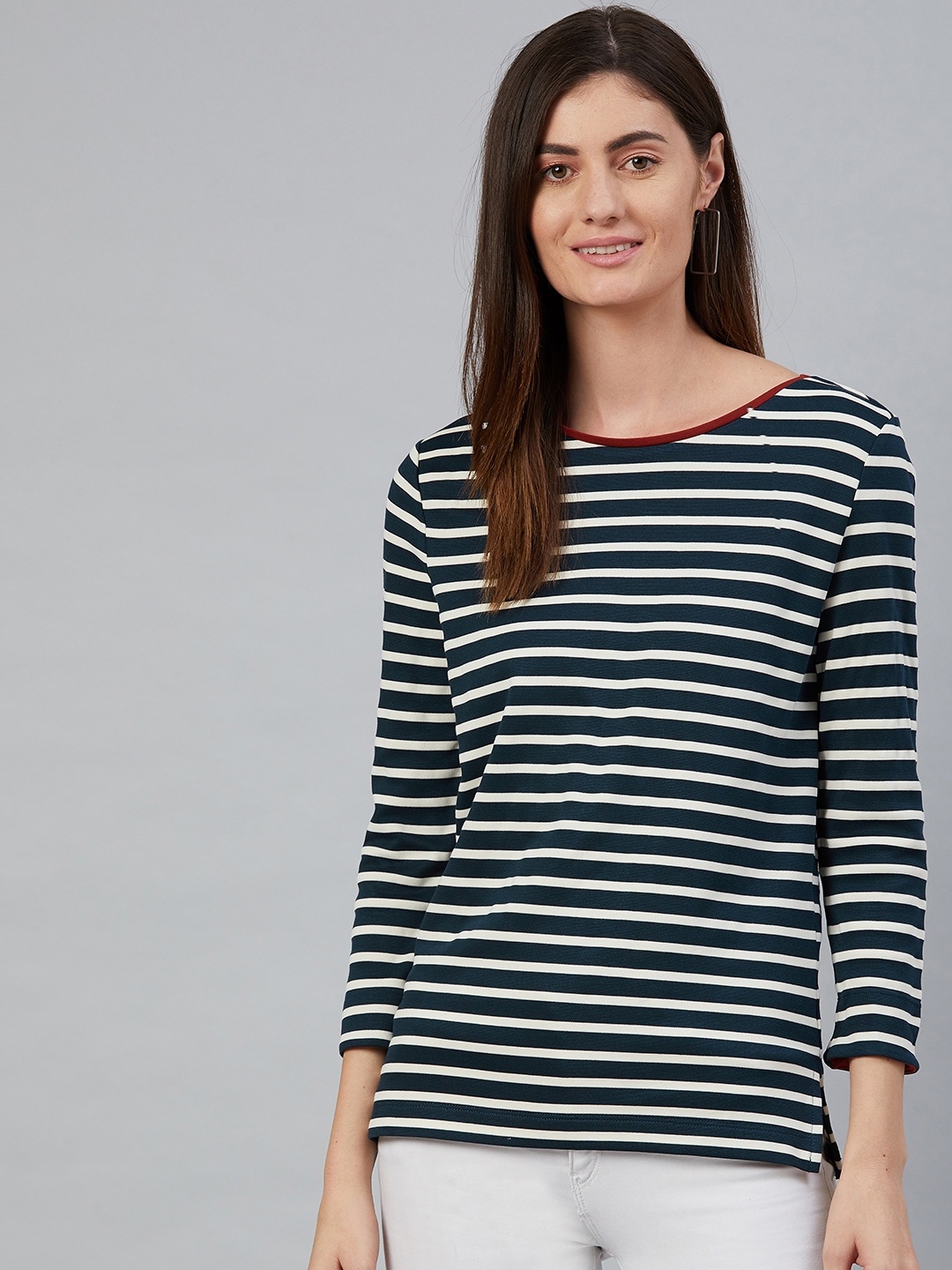 

Marks & Spencer Women Navy Blue & White Striped T-shirt