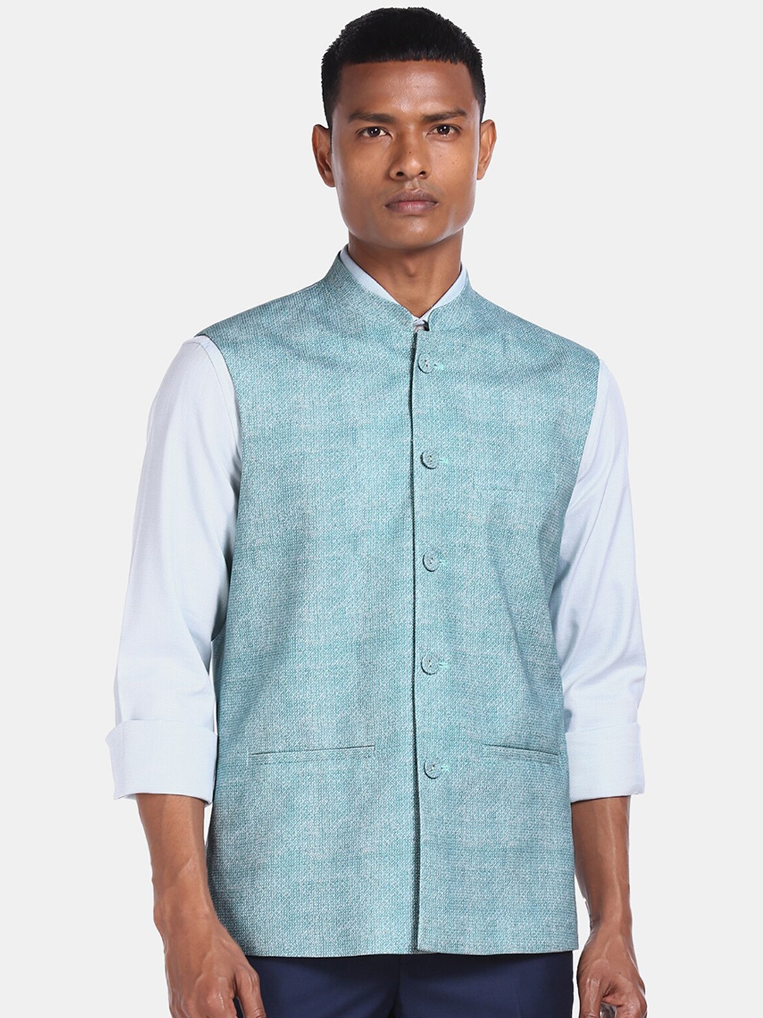 

AD By Arvind Men Blue Printed Cotton Nehru Jacket