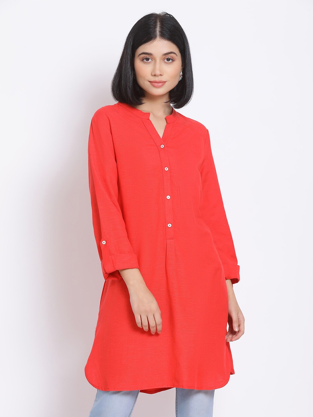 

Oxolloxo Women Red Solid Linen Blend Tunic