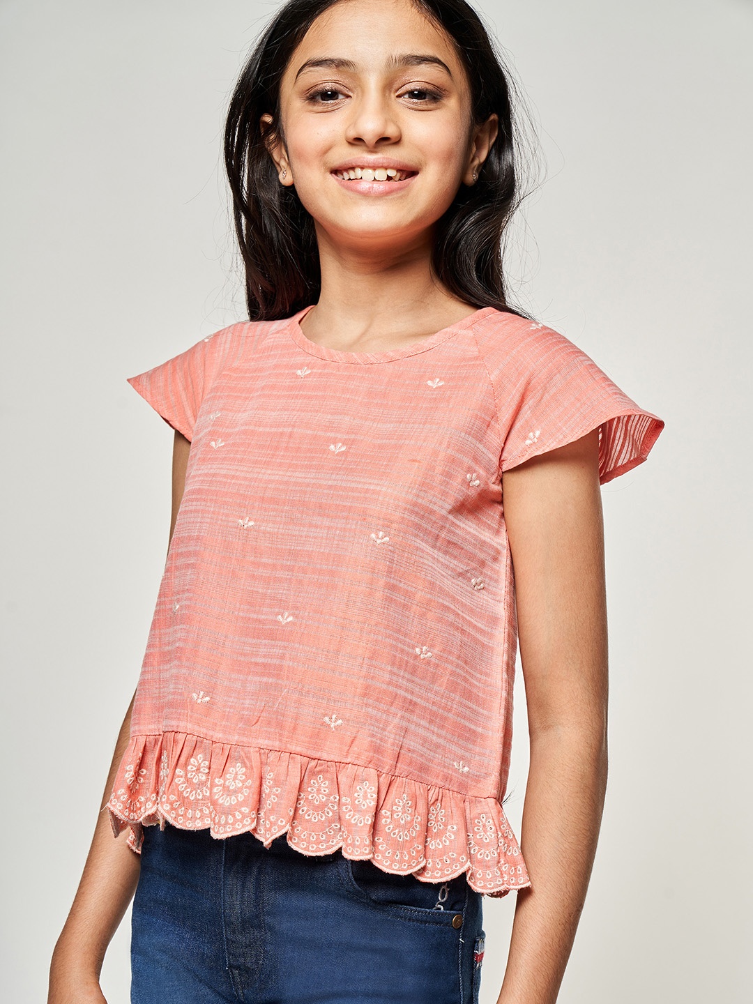 

Global Desi Peach Self Design A-Line Top