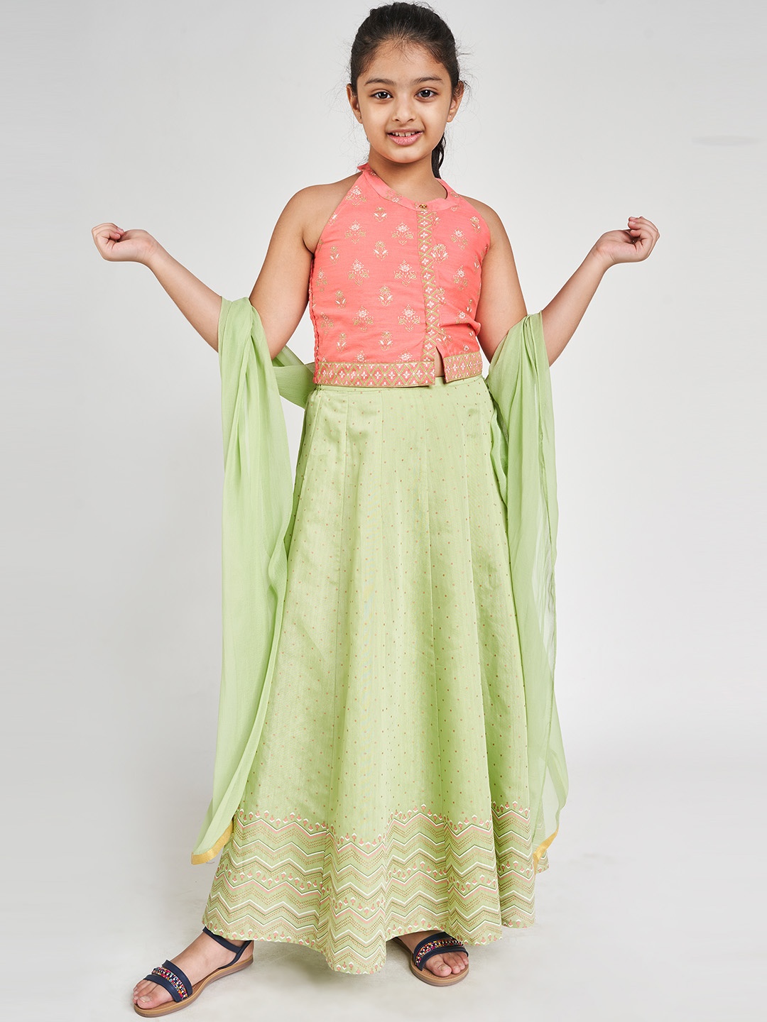 

Global Desi Girls Green & Pink Printed Ready to Wear Lehenga & Blouse with Dupatta