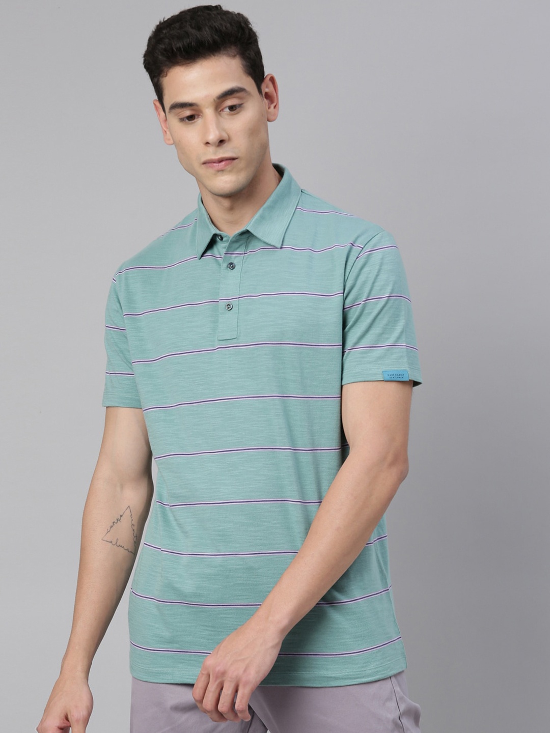 

RARE RABBIT Men Green Pure Cotton Striped Polo Collar Pure Cotton T-shirt