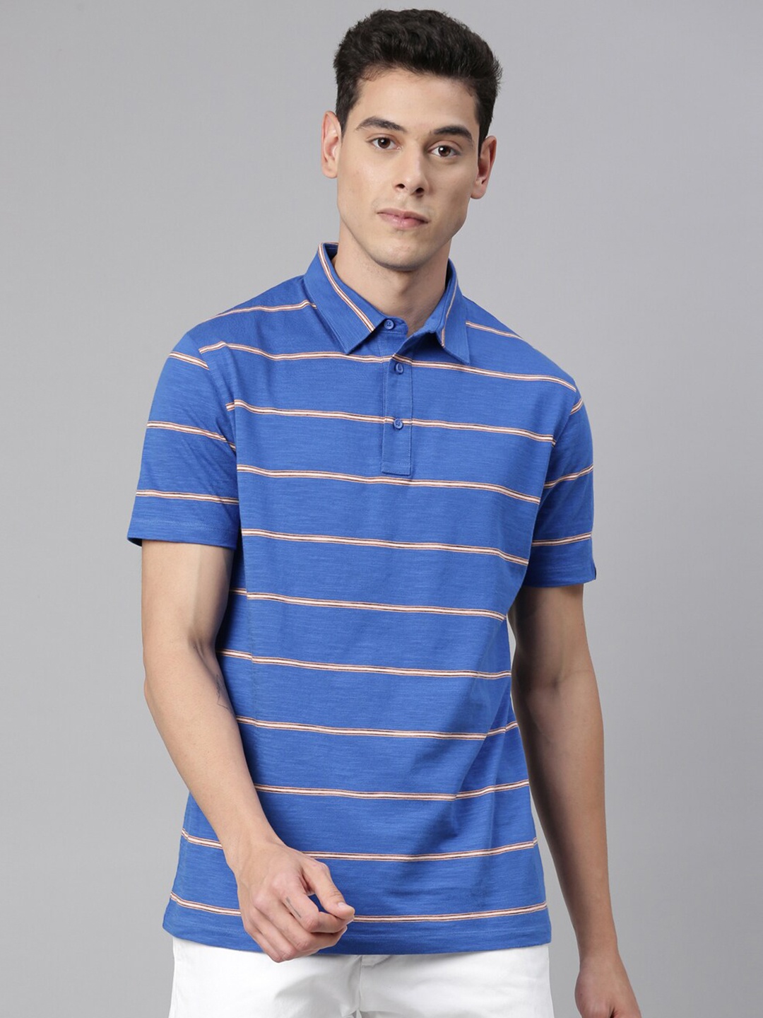 

RARE RABBIT Men Blue Pure Cotton Striped Polo Collar Pure Cotton T-shirt