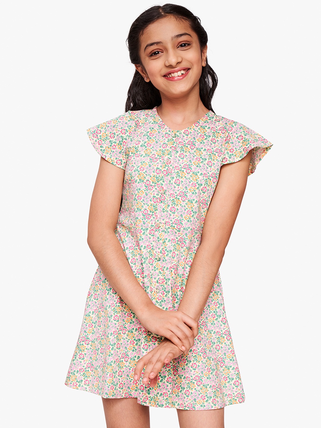 

Global Desi Multi Floral Flared Sleeve A-Line Dress