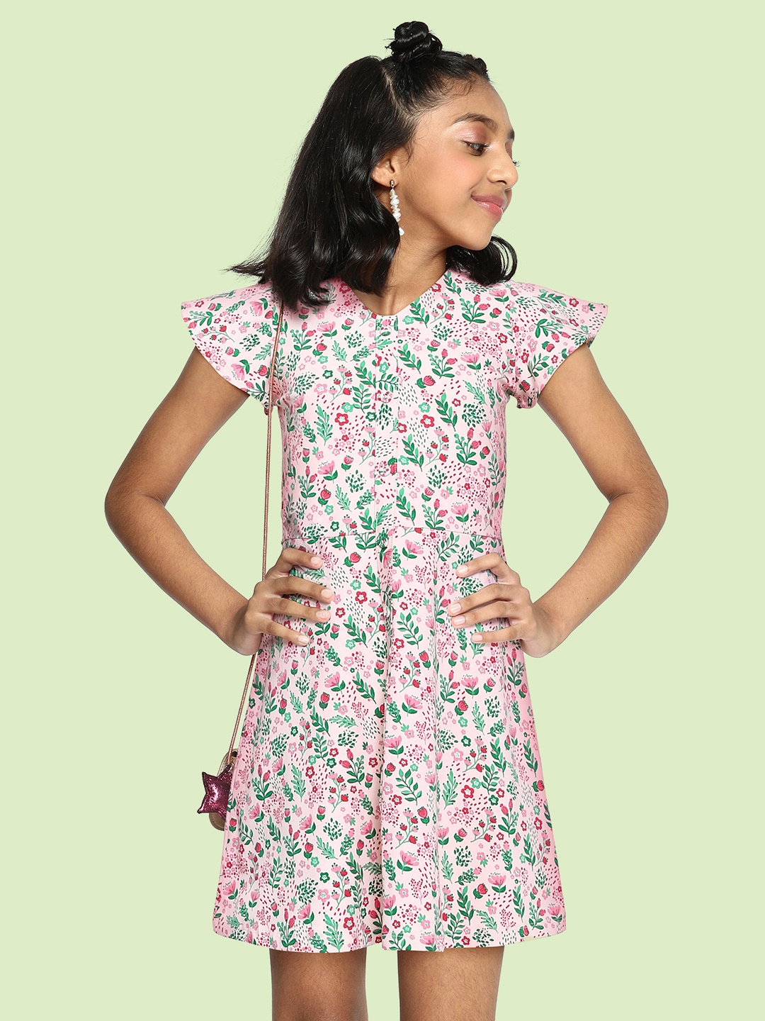 

Global Desi Girls White & Pink Floral Printed A-Line Dress