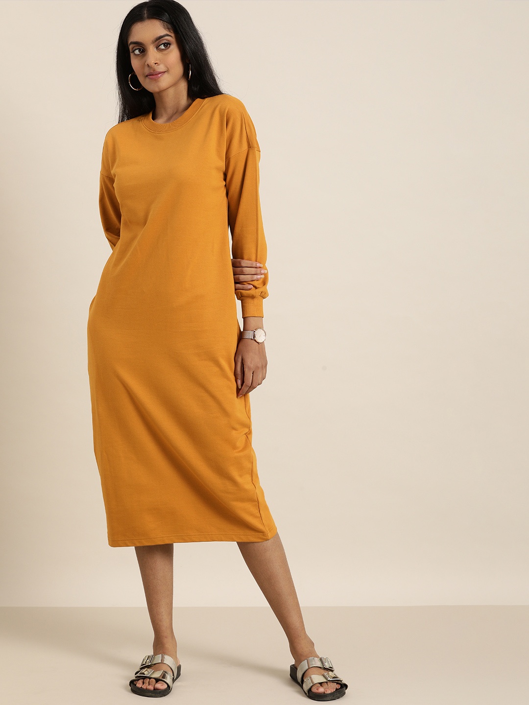 

DILLINGER Camel Brown Midi Drop Shoulder Jumper Dress