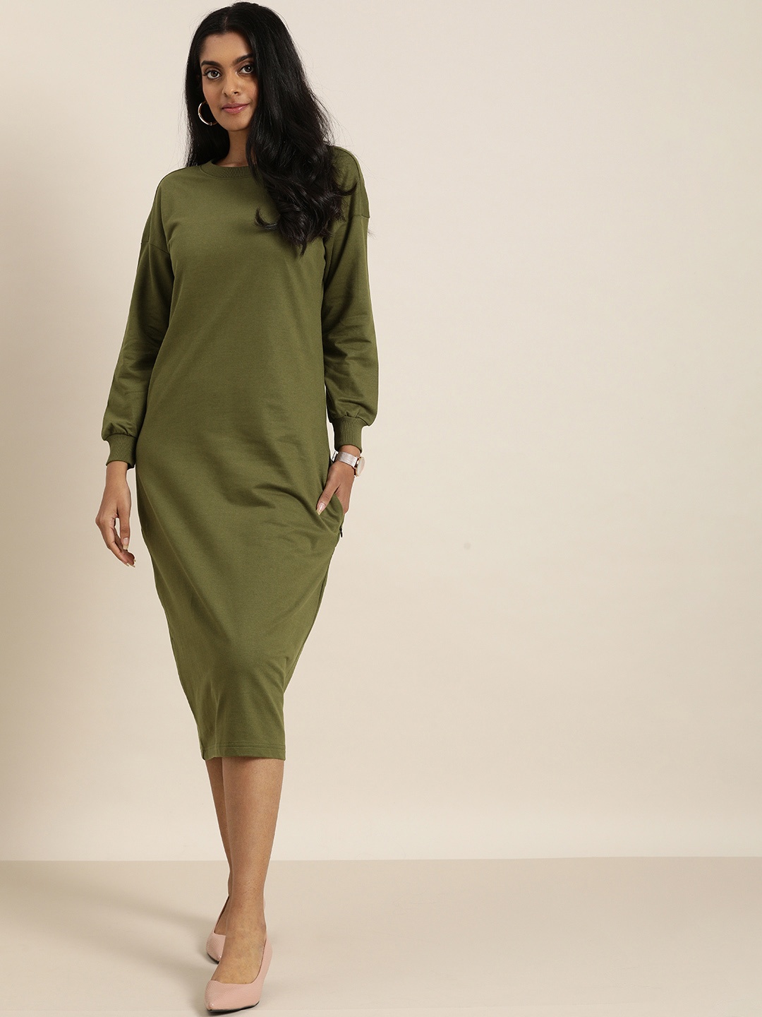 

DILLINGER Olive Green Drop Shoulder Jumper Dress