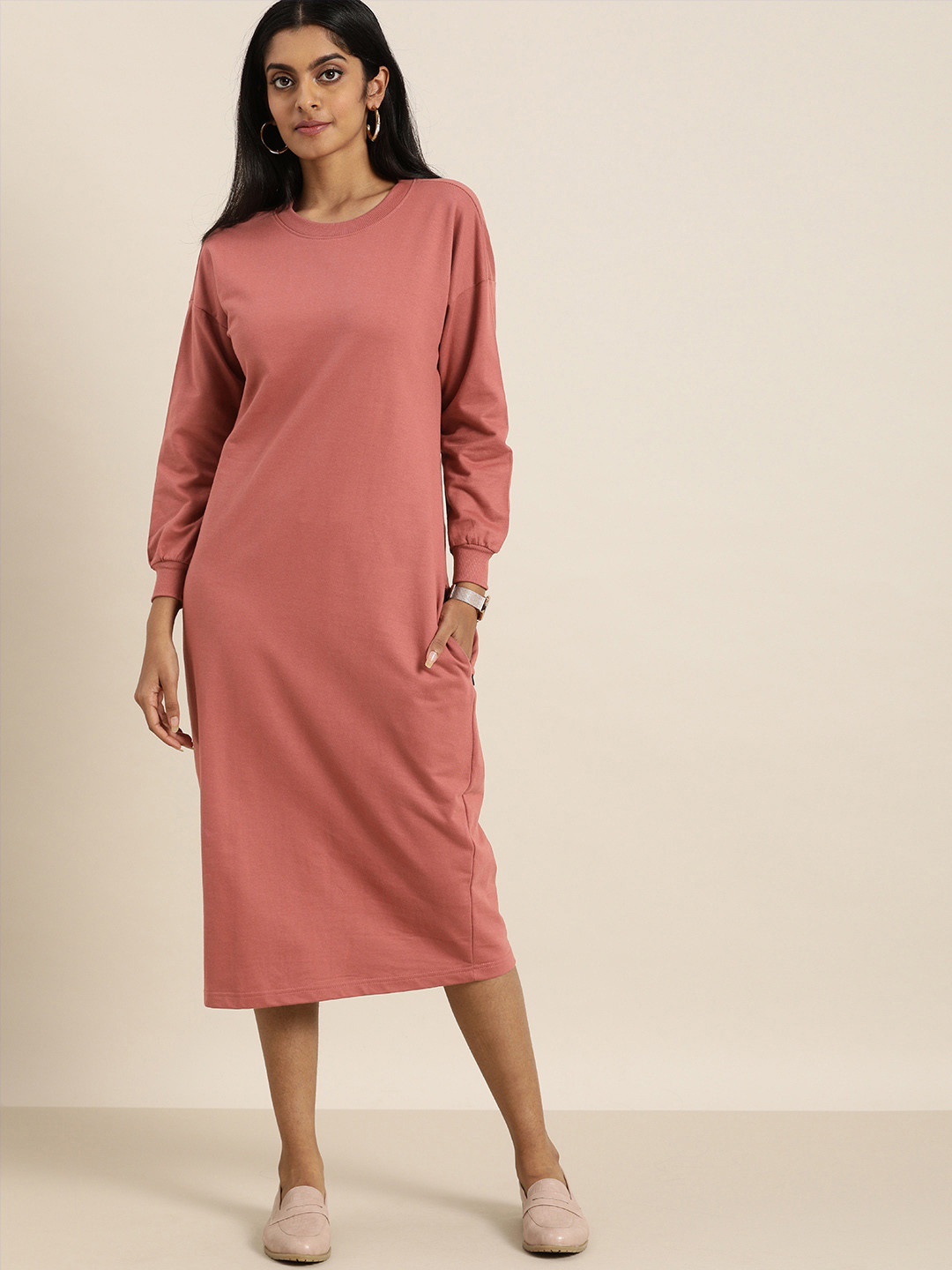 

DILLINGER Pink Solid Midi Jumper Dress