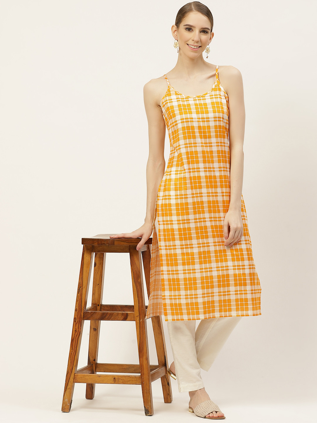 

Anouk Women Mustard Yellow & White Checked Straight Kurta