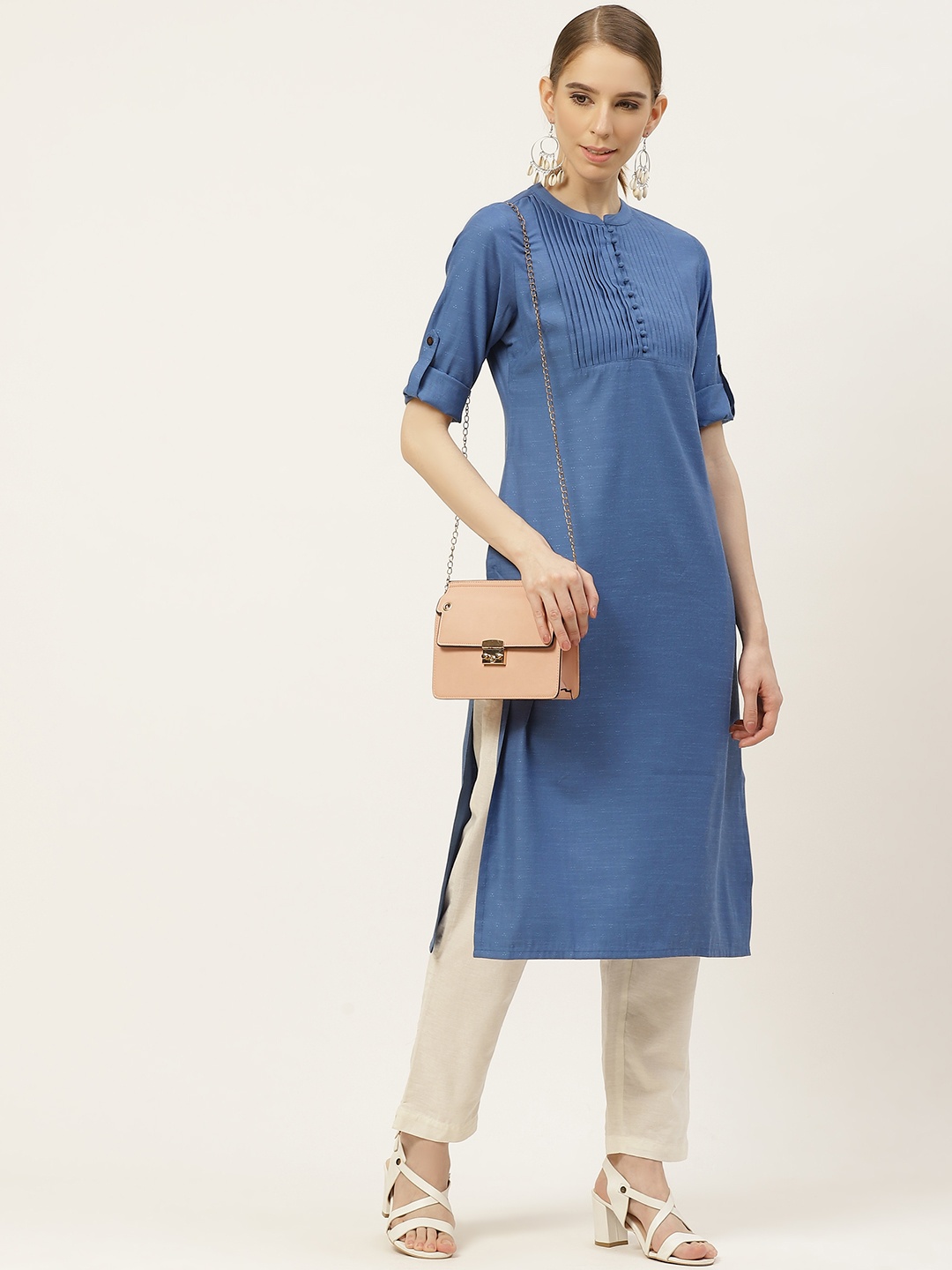 

Anouk Women Blue Thread Work Yoke Design Dobby Kurta