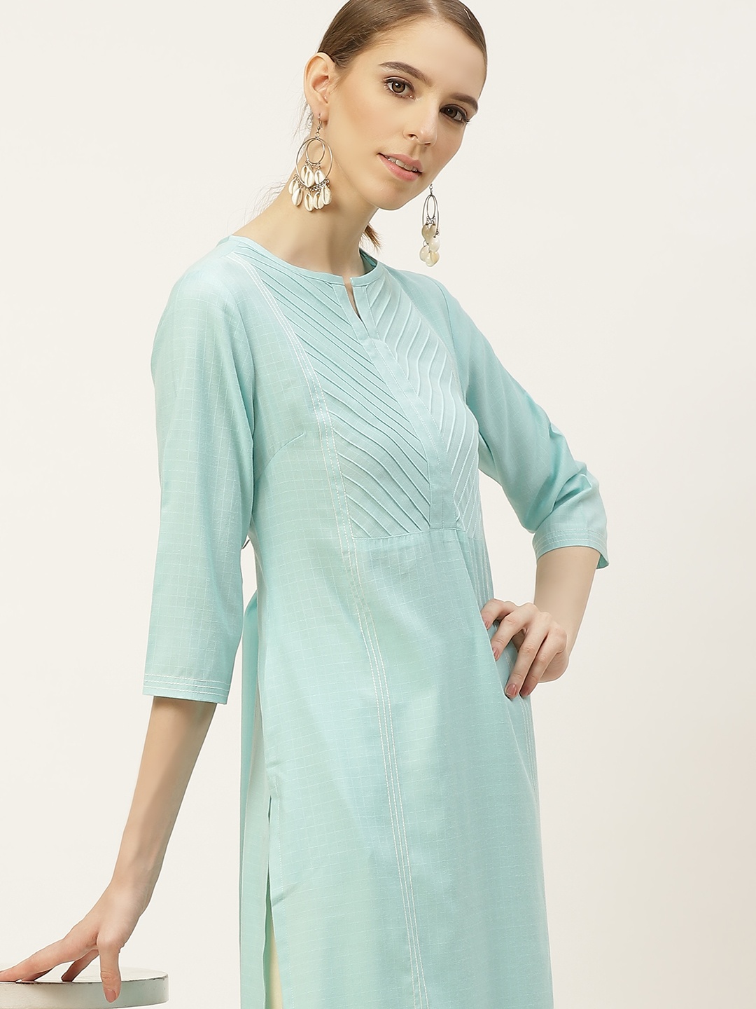 

Anouk Women Blue Kantha Work Pastels Dobby Kurta