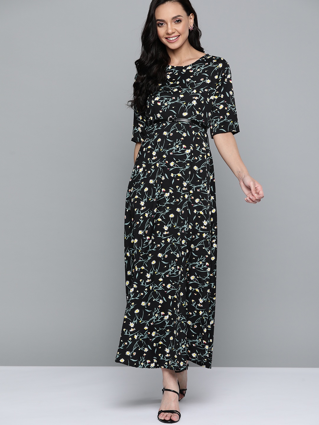 

HERE&NOW Black & Yellow Floral A-Line Maxi Dress