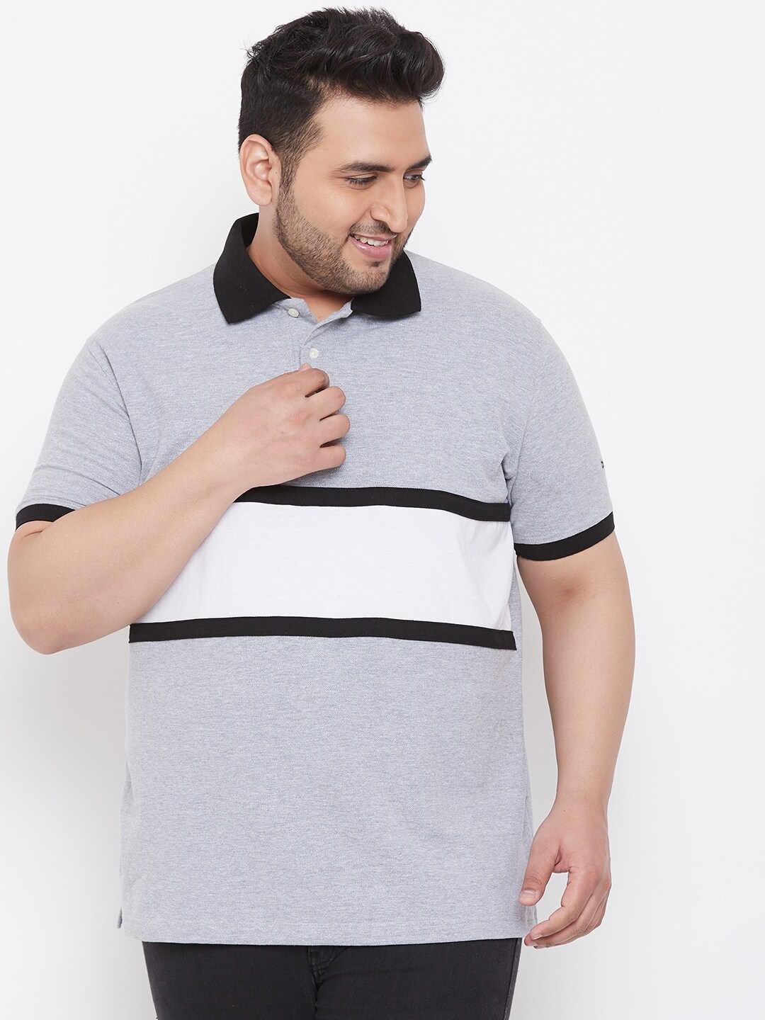 

bigbanana Men Grey Melange & White Pure Cotton Striped Polo Collar T-shirt